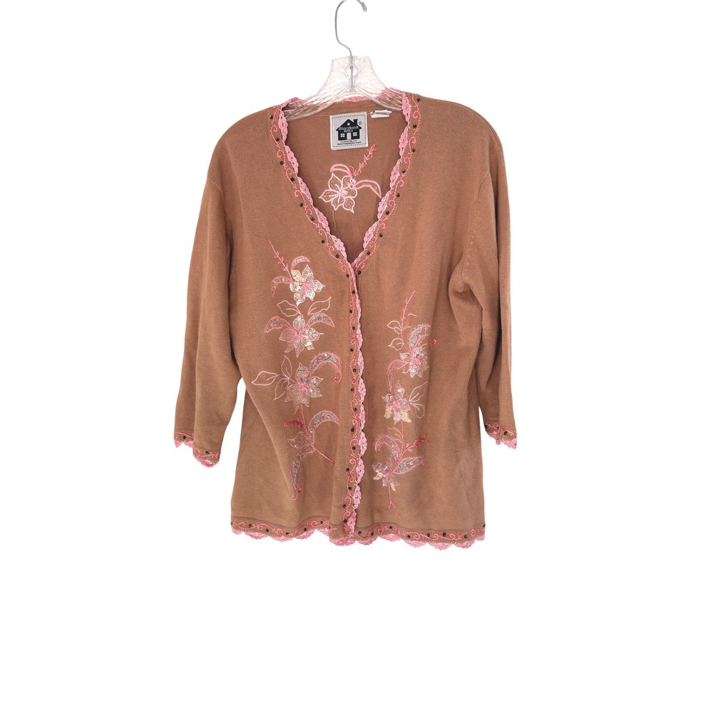 Storybook Knits Cardigan Tan Knit Beaded Sequin Floral Button Closure‎ Medium